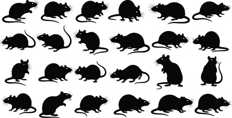 Fototapeta premium Black vector silhouette set of diverse rats and mice for pest control services wildlife nature animal conservation laboratory research and rodent infestation branding