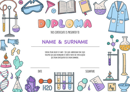 Colorful chemistry science concept diploma template for kids with doodle lab tools and book elements. Vector line illustration on white background
