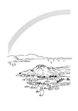Japanese Coastal Landscape with Boats and Rainbow &ndash; Ukiyo-e Style Line Art Illustration