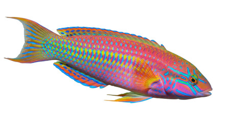 Isolated Radiant Fairy Wrasse, a colorful saltwater reef fish from the Pacific Ocean, aquatic fauna © Sergiu