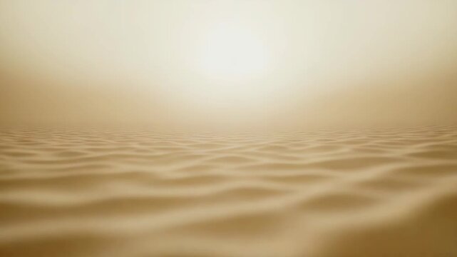 Endless desert landscape with undulating sand dunes reflecting the sun's golden light, creating a sense of heat, barrenness, and desolation in a surreal environment