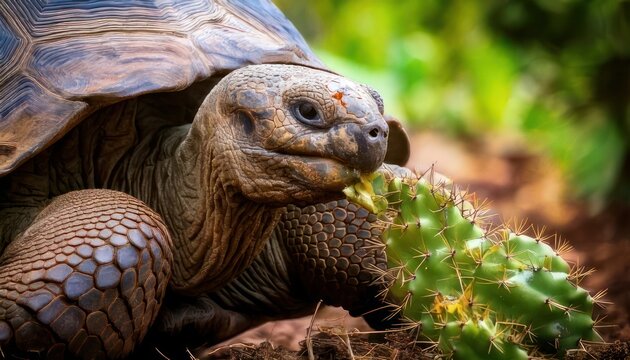 Galapagos Tortoise Eating Cactus in Natural Habitat, Close-Up View.