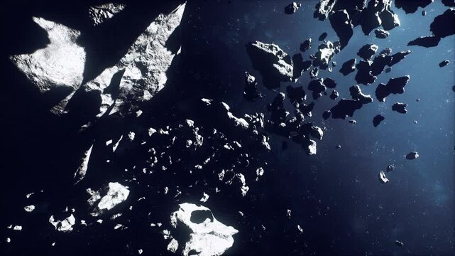 dense asteroid cluster drifting through space with glinting ice and surveying probe mapping surfaces under stark starlight, deep shadows and scattered rubble