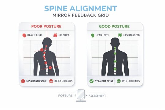 Comprehensive Spine Alignment Assessment Illustration Displaying Poor and Good Postures with Misalignment Indicators Shown on a Mirror Framework Enhancing Awareness of Postural Health