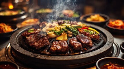Delicious Korean BBQ with Various Grilled Meats and Fresh Vegetables