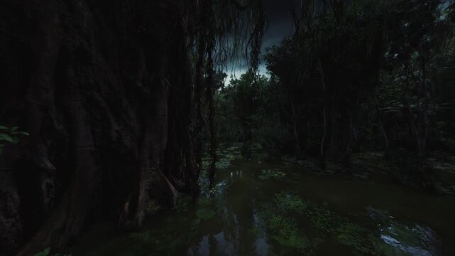 Brooding mangrove at dusk, murky water framing towering buttress roots and heavy shadowed canopy, narrow flooded channel with slowmoving current, lowlight