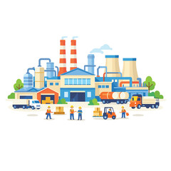 Naklejka premium Factory scene with workers and vehicles in action
