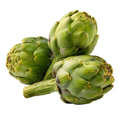 Obraz premium Fresh green artichokes whole and cut isolated on transparent background