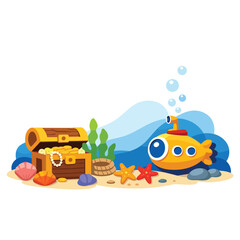 Treasure chest and submarine in an underwater scene