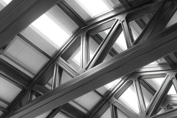 Steel structure beams with modern architectural design and geometric patterns create striking industrial ceiling with bright natural light shining through, evoking sense of strength and innovation
