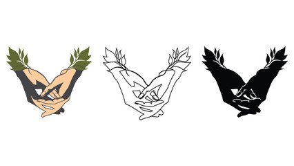 Three stylized depictions of hands forming a V shape with laurel leaves.