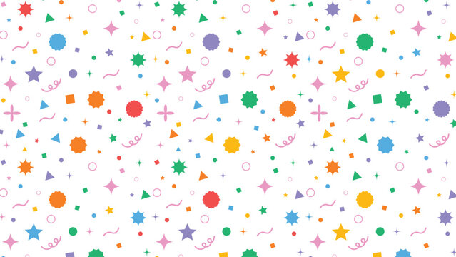 Colorful array of assorted geometric confetti shapes and celebratory elements scattered randomly across a bright white background creating a festive seamless pattern design.