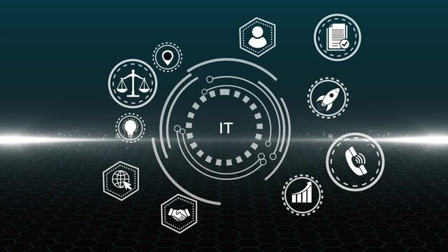 IT consultant presenting tag cloud about information technology. glowing connections in different places on the map