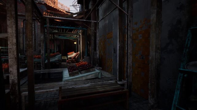 vibrant produce stall in twilight alley, overflowing crates of tomatoes and apples on wooden tables, weathered walls and dim corridor lit by warm evening glow,