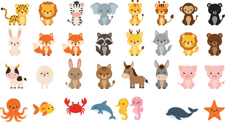 Flat vector illustration set of cute wild and farm animals including lion elephant zebra giraffe monkey rabbit fox cow pig and sea creatures. © Aminul
