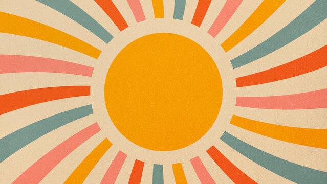 Vibrant retro sunburst illustration featuring a bright orange circle with colorful abstract rays radiating outward in a vintage textured style background design.