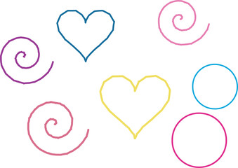 Colorful hand drawn hearts swirls and circles