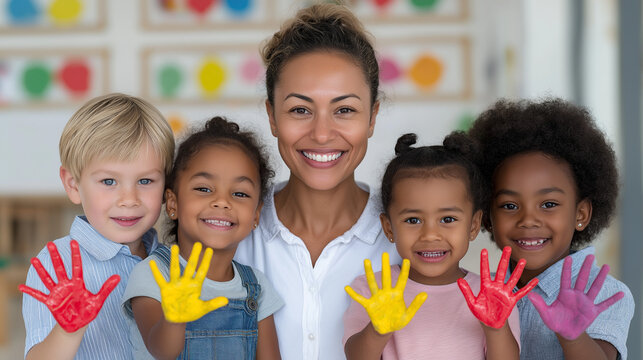 Woman teacher with children showing painted hands in kindergarten. Early childhood development and creative learning concept for school.