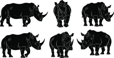 Rhinoceros silhouette set, wild african rhino animal icons, safari wildlife elements, cad drawing flat vector illustration, nature zoo conservation park, © Hello Wolrd