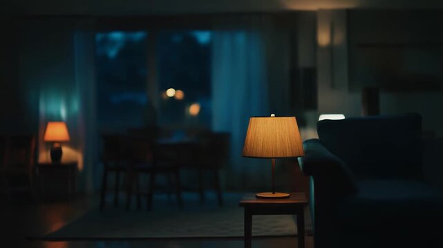 Warm table lamp casts a soft, golden glow over a cozy living room at night, blurred sofa and decor in the background creating a peaceful, intimate atmosphere