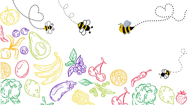various kinds of fruit with bees