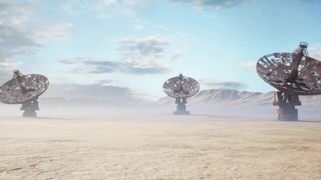 desert radio telescopes under blue sky, rusted metal arrays standing on cracked sand, distant mountains shrouded in haze, soft cloud formations, cinematic wide