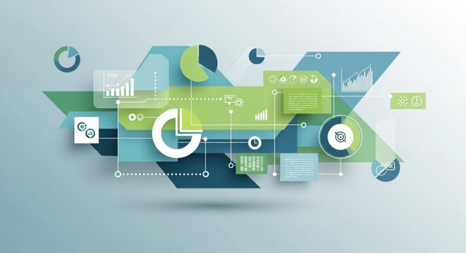 A vibrant infographic illustration featuring various charts and graphs in shades of green and blue, representing data analysis and business intelligence.