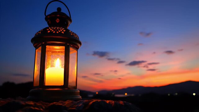 Warm candle lantern illuminating twilight sky with distant mountains
