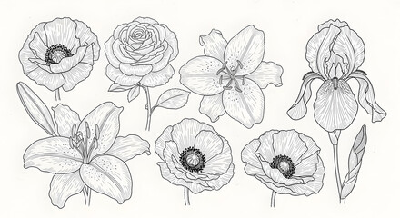 A black and white illustration of six different flower types in a detailed sketch