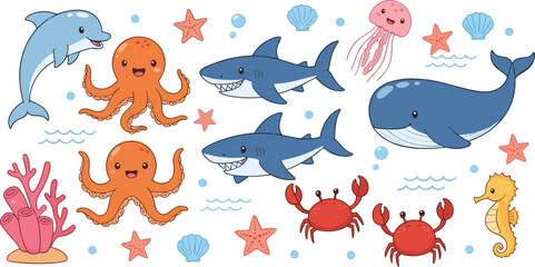 Flat vector illustration set of cute sea animals including shark whale dolphin octopus jellyfish crab seahorse starfish and coral reef for ocean life. © Shefali