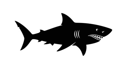 Obraz premium A striking black silhouette of a shark with visible gills and sharp teeth, depicted in a side profile against a white background.
