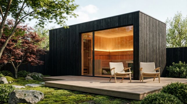 Modern outdoor sauna pod with black wood cladding on a timber deck in a peaceful Japanese style garden with maple trees and moss.