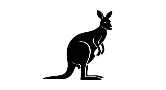 A striking black silhouette of a kangaroo standing sideways on a plain white background, showcasing its distinct profile.