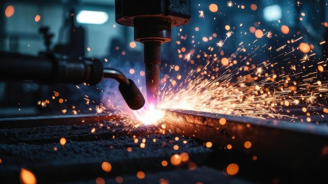 A professional welder uses an industrial machine tool to grind steel in a dark factory, creating a hot spray of fire and light as sparks fly from the glowing metal heat during manufacturing