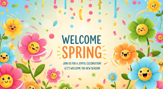 Vibrant spring floral background with smiling flowers and confetti