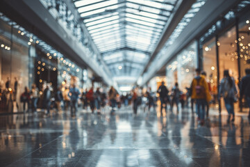 Blurred crowd walking in modern shopping mall corridor with glass ceiling and reflective floor creating lively atmosphere