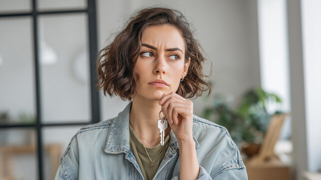 concerned young woman holding keys in new apartment, stressed first time home buyer or tenant in modern living room, worried female with house keys facing real estate or rental problems