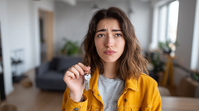 concerned young woman holding keys in new apartment, stressed first time home buyer or tenant in modern living room, worried female with house keys facing real estate or rental problems