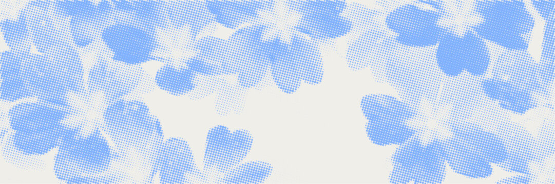 Cyanotype halftone overlay texture floral pattern with primrose, primula flower silhouettes in soft blue background. Vector Illustration for mixed media design templates, poster, card, banner, invite
