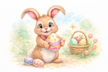 Springtime Bunny With Colorful Painted Easter Eggs