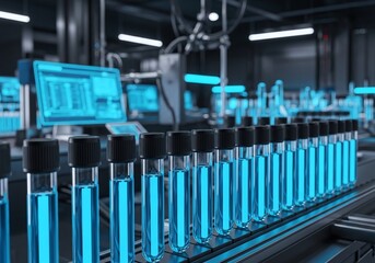 Modern laboratory test tubes on production line with blue liquid