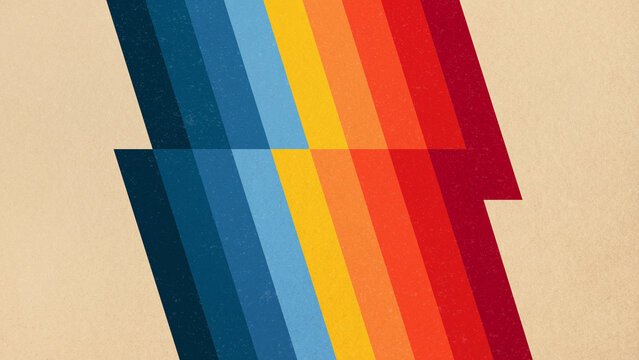 Retro vintage background design featuring a bold diagonal striped lightning bolt shape transitioning through vibrant rainbow colors with distressed texture overlay.