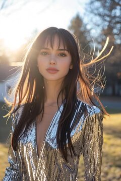Beautiful young woman in elegant silver sequin dress standing outdoors at sunset with golden hour lighting