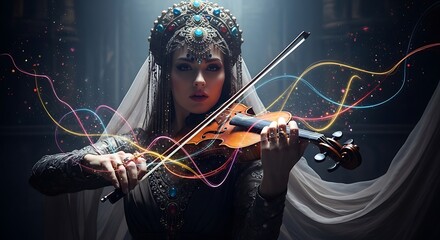 Magical Music Concept with Violinist and Flowing Light
