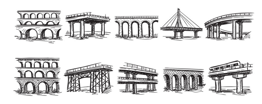 A black and white sketch collection of different bridge designs, including arch, cable-stayed, and girder bridges. Perfect for architectural studies, urban planning, and engineering illustrations.