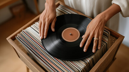 Woman placing black vinyl record on turntable, preparing to listen to music. Retro audio technology for hobby and enjoyment concept.