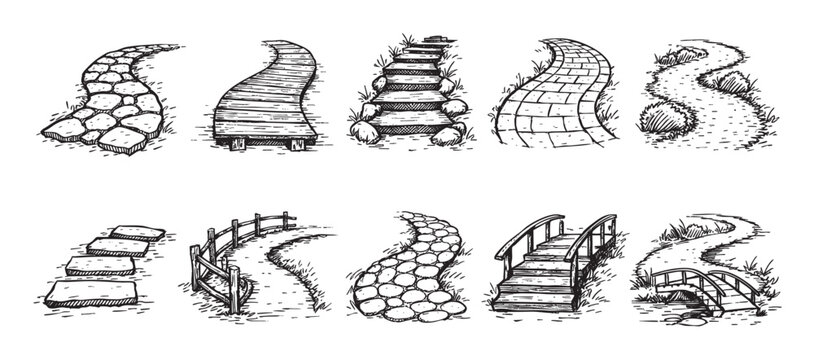 Hand-drawn collection of different garden paths and walkways in black and white. Includes stone, wood, brick, steps, bridges and various path styles. Usable for illustrations, designs, and branding.