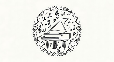 Grand Piano Music Logo with Notes Circular Design