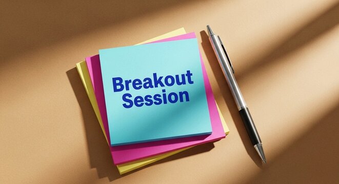 Breakout Session concept with sticky notes and pen on tan background