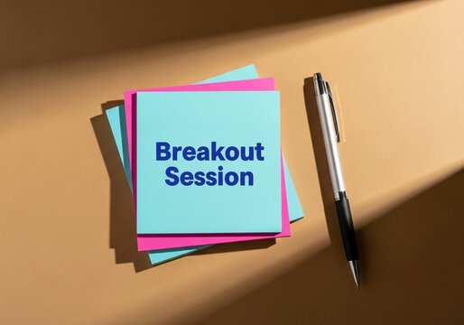 Breakout Session concept with sticky notes and pen on tan background